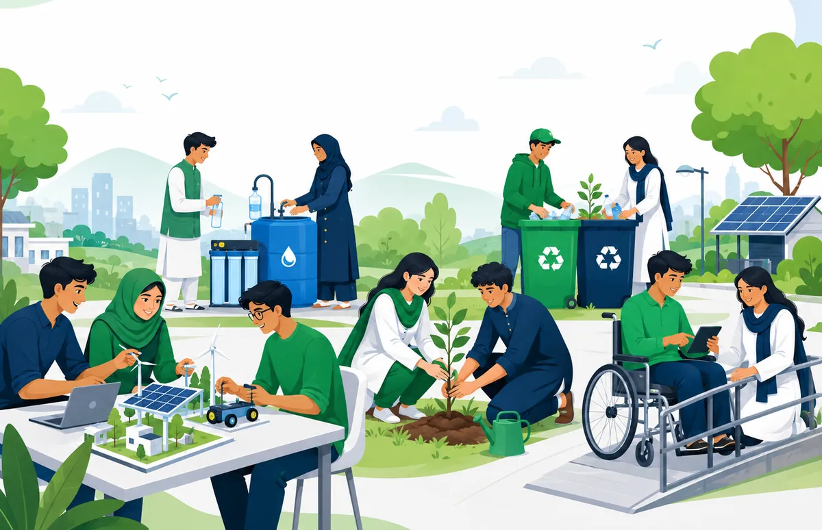 Young Pakistani volunteers solving real community problems — clean water, recycling, clean energy, green spaces and accessibility